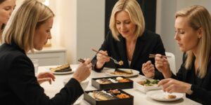 고등어 구이 도시락을 식탁 중간에 놓고 밥을 먹는 여러명의 30대 직장인 금발머리 외국인 여성