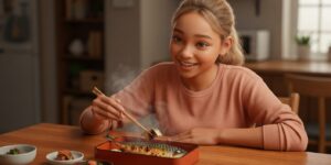 고등어 구이 도시락을 식탁 중간에 놓고 밥을 먹는 외국인 10대 소녀